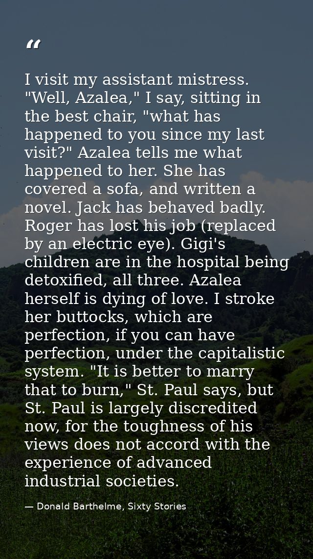 I visit my assistant mistress. "Well, Azalea," I say, sitting in the best chair, "what has happened to you since my last — Donald Barthelme, Sixty Stories