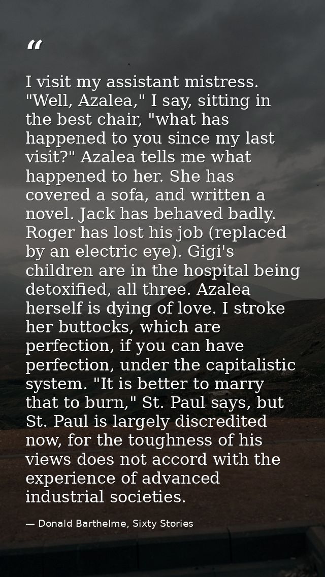 I visit my assistant mistress. "Well, Azalea," I say, sitting in the best chair, "what has happened to you since my last — Donald Barthelme, Sixty Stories