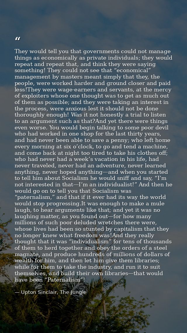 They would tell you that governments could not manage things as economically as private individuals; they would repeat a — Upton Sinclair, The Jungle