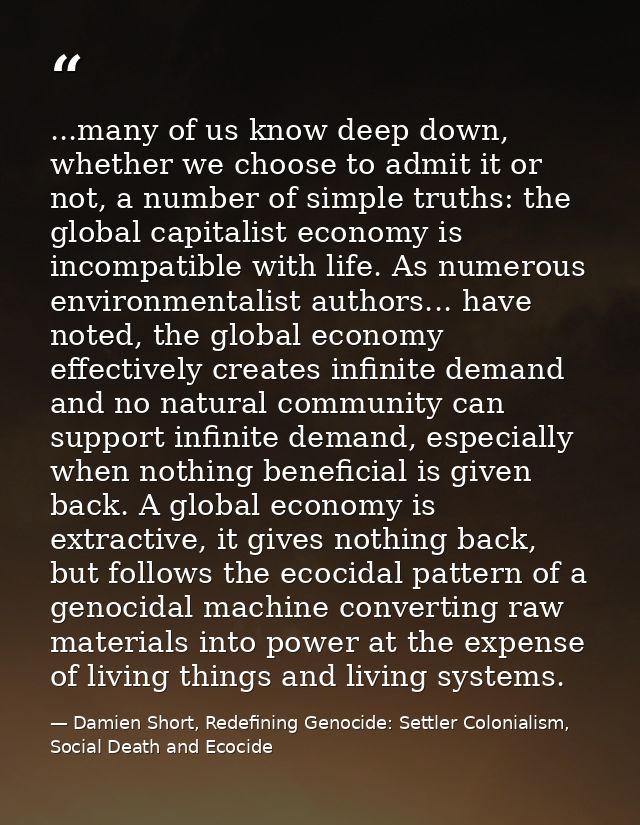 ...many of us know deep down, whether we choose to admit it or not, a number of simple truths: the global capitalist eco — Damien Short, Redefining Genocide: Settler Colonialism, Social Death and Ecocide