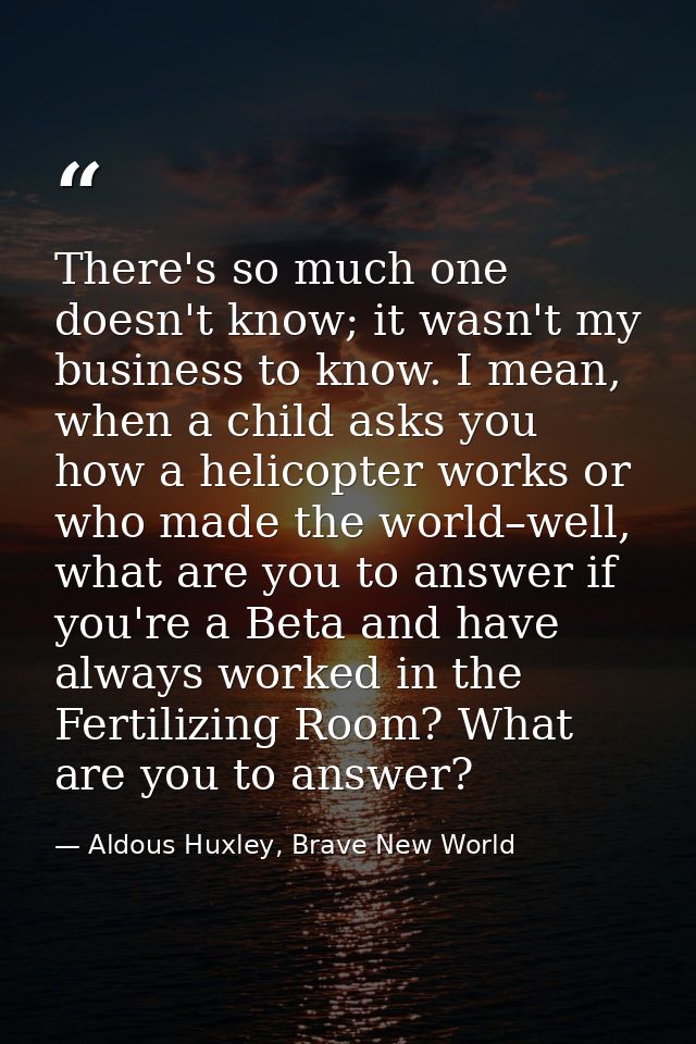 There's so much one doesn't know; it wasn't my business to know. I mean, when a child asks you how a helicopter works or — Aldous Huxley, Brave New World