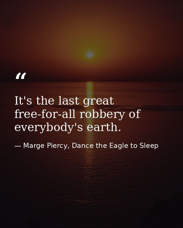 It's the last great free-for-all robbery of everybody's earth. — Marge Piercy, Dance the Eagle to Sleep