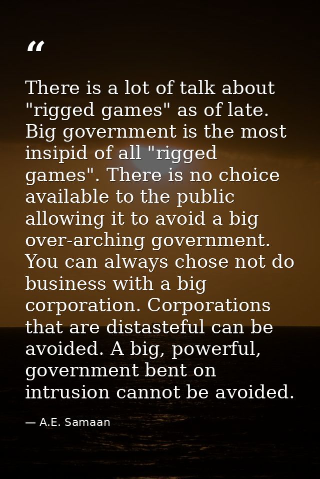 There is a lot of talk about "rigged games" as of late. Big government is the most insipid of all "rigged games". There  — A.E. Samaan