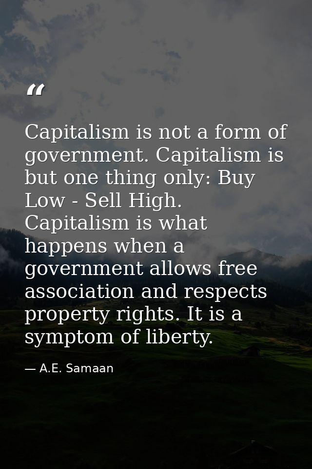Capitalism is not a form of government. Capitalism is but one thing only: Buy Low - Sell High. Capitalism is what happen — A.E. Samaan