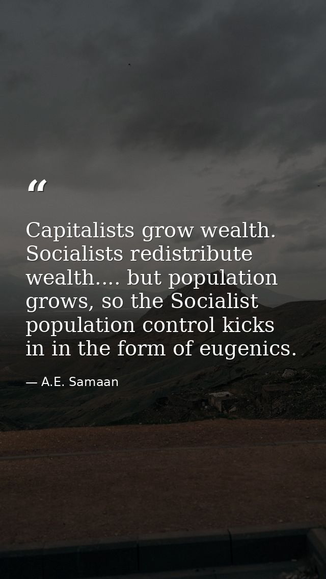 Capitalists grow wealth. Socialists redistribute wealth.... but population grows, so the Socialist population control ki — A.E. Samaan