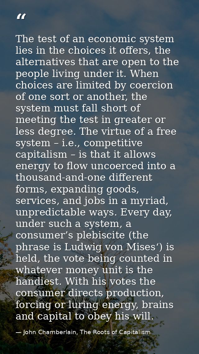 The test of an economic system lies in the choices it offers, the alternatives that are open to the people living under  — John Chamberlain, The Roots of Capitalism