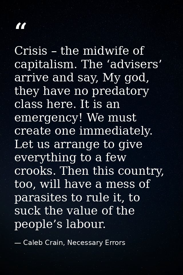 Crisis – the midwife of capitalism. The ‘advisers’ arrive and say, My god, they have no predatory class here. It is an e — Caleb Crain, Necessary Errors