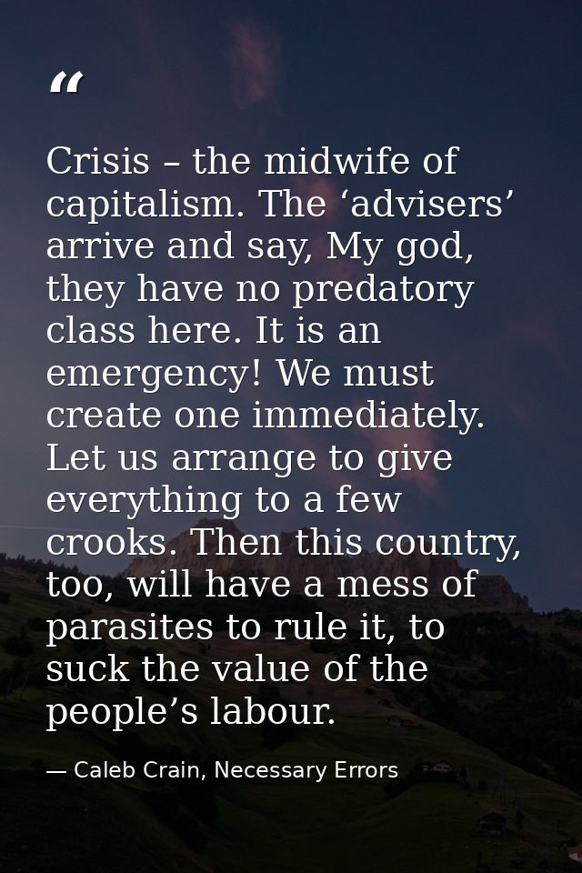 Crisis – the midwife of capitalism. The ‘advisers’ arrive and say, My god, they have no predatory class here. It is an e — Caleb Crain, Necessary Errors