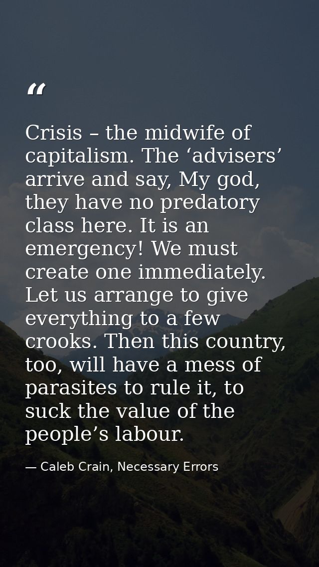Crisis – the midwife of capitalism. The ‘advisers’ arrive and say, My god, they have no predatory class here. It is an e — Caleb Crain, Necessary Errors