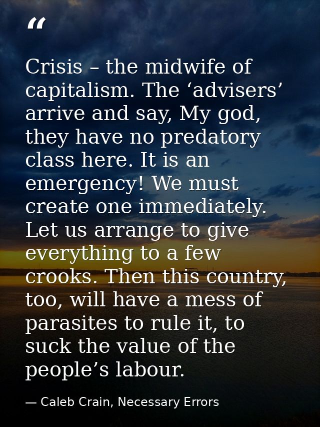 Crisis – the midwife of capitalism. The ‘advisers’ arrive and say, My god, they have no predatory class here. It is an e — Caleb Crain, Necessary Errors