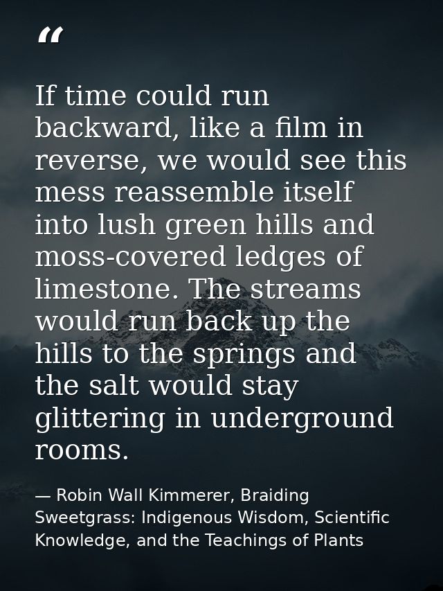 If time could run backward, like a film in reverse, we would see this mess reassemble itself into lush green hills and m — Robin Wall Kimmerer, Braiding Sweetgrass: Indigenous Wisdom, Scientific Knowledge, and the Teachings of Plants