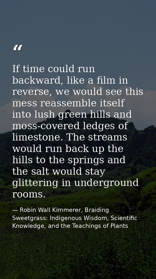 If time could run backward, like a film in reverse, we would see this mess reassemble itself into lush green hills and m — Robin Wall Kimmerer, Braiding Sweetgrass: Indigenous Wisdom, Scientific Knowledge, and the Teachings of Plants