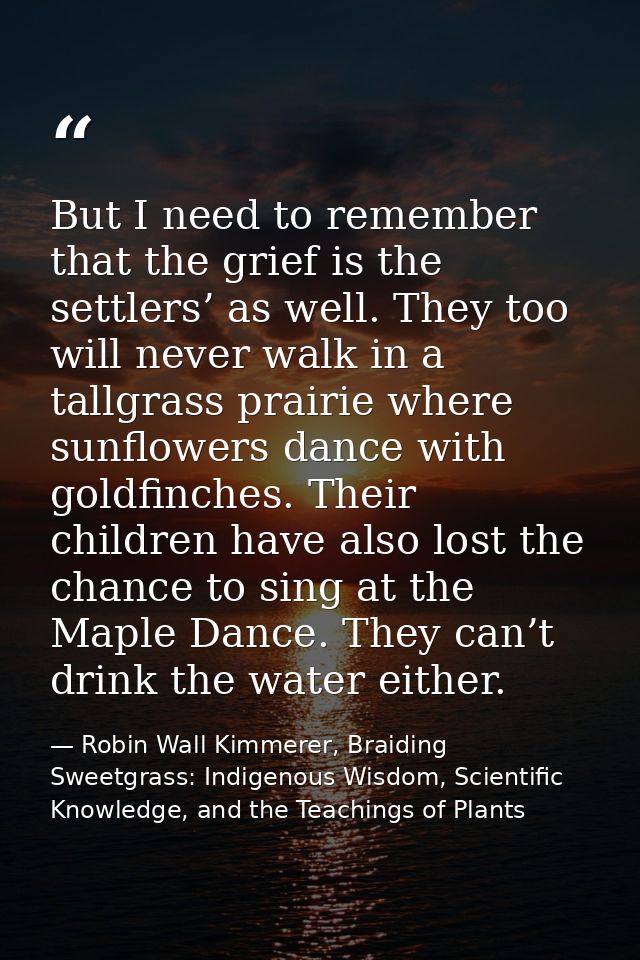 But I need to remember that the grief is the settlers’ as well. They too will never walk in a tallgrass prairie where su — Robin Wall Kimmerer, Braiding Sweetgrass: Indigenous Wisdom, Scientific Knowledge, and the Teachings of Plants