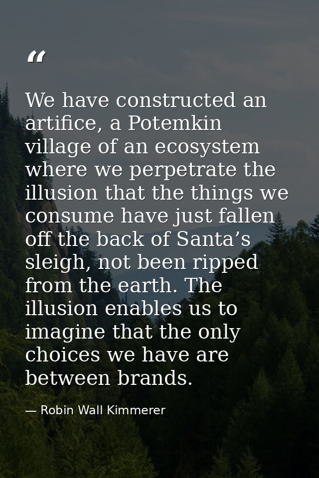 We have constructed an artifice, a Potemkin village of an ecosystem where we perpetrate the illusion that the things we  — Robin Wall Kimmerer