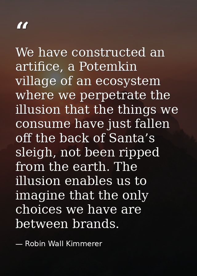 We have constructed an artifice, a Potemkin village of an ecosystem where we perpetrate the illusion that the things we  — Robin Wall Kimmerer