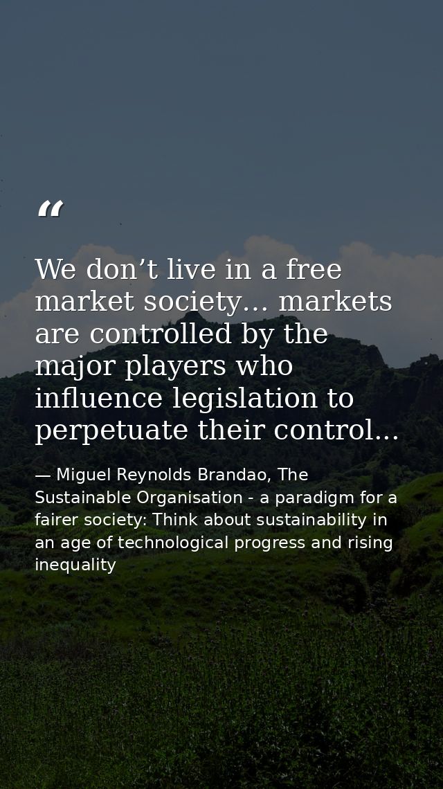 We don’t live in a free market society… markets are controlled by the major players who influence legislation to perpetu — Miguel Reynolds Brandao, The Sustainable Organisation - a paradigm for a fairer society: Think about sustainability in an age of technological progress and rising inequality