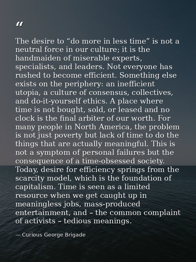The desire to “do more in less time” is not a neutral force in our culture; it is the handmaiden of miserable experts, s — Curious George Brigade