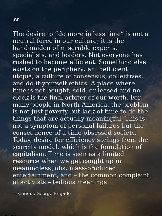 The desire to “do more in less time” is not a neutral force in our culture; it is the handmaiden of miserable experts, s — Curious George Brigade
