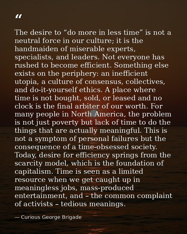 The desire to “do more in less time” is not a neutral force in our culture; it is the handmaiden of miserable experts, s — Curious George Brigade