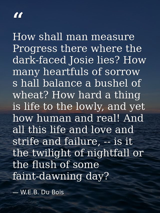 How shall man measure Progress there where the dark-faced Josie lies? How many heartfuls of sorrow s hall balance a bush — W.E.B. Du Bois