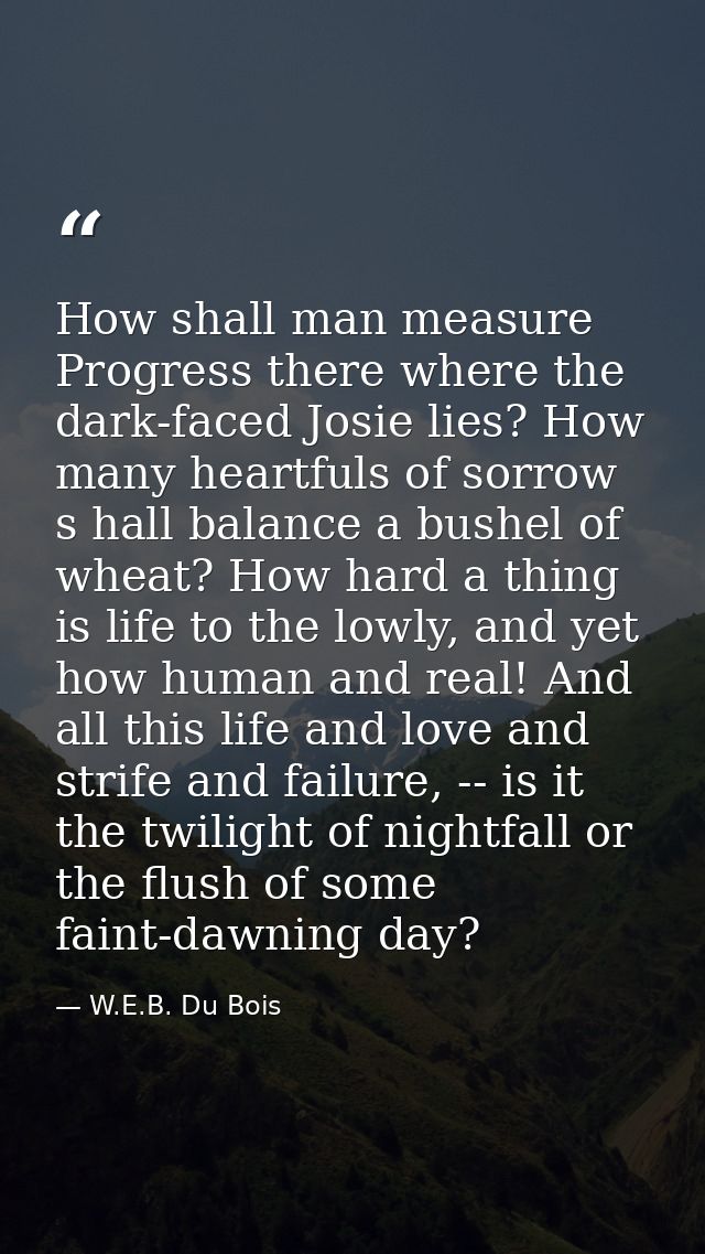 How shall man measure Progress there where the dark-faced Josie lies? How many heartfuls of sorrow s hall balance a bush — W.E.B. Du Bois