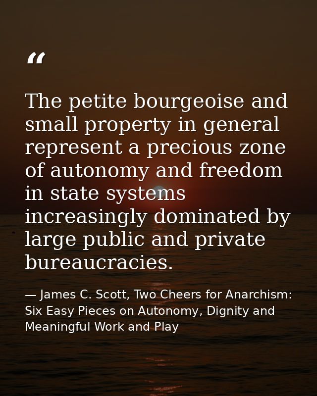 The petite bourgeoise and small property in general represent a precious zone of autonomy and freedom in state systems i — James C. Scott, Two Cheers for Anarchism: Six Easy Pieces on Autonomy, Dignity and Meaningful Work and Play