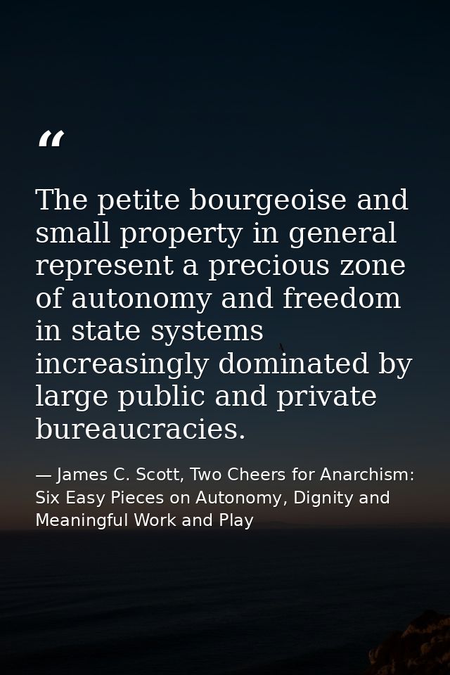 The petite bourgeoise and small property in general represent a precious zone of autonomy and freedom in state systems i — James C. Scott, Two Cheers for Anarchism: Six Easy Pieces on Autonomy, Dignity and Meaningful Work and Play