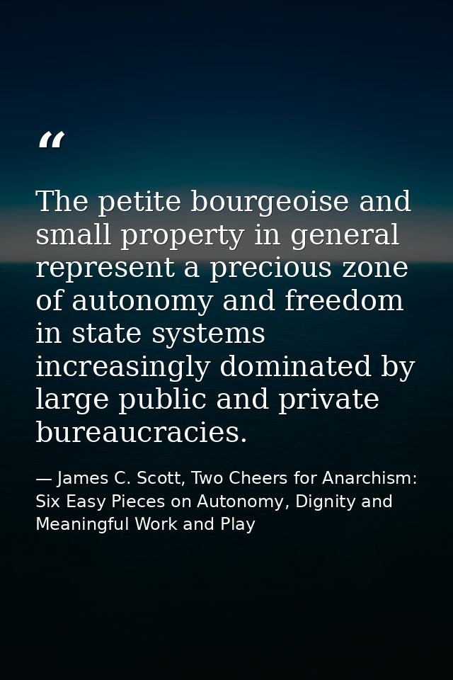 The petite bourgeoise and small property in general represent a precious zone of autonomy and freedom in state systems i — James C. Scott, Two Cheers for Anarchism: Six Easy Pieces on Autonomy, Dignity and Meaningful Work and Play