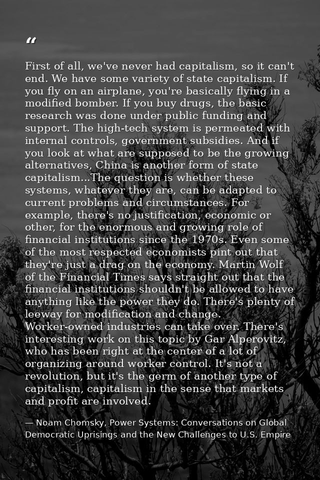 First of all, we've never had capitalism, so it can't end. We have some variety of state capitalism. If you fly on an ai — Noam Chomsky, Power Systems: Conversations on Global Democratic Uprisings and the New Challenges to U.S. Empire