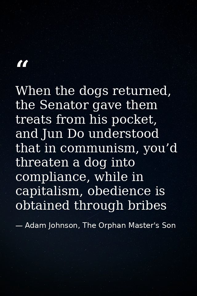 When the dogs returned, the Senator gave them treats from his pocket, and Jun Do understood that in communism, you’d thr — Adam Johnson, The Orphan Master's Son