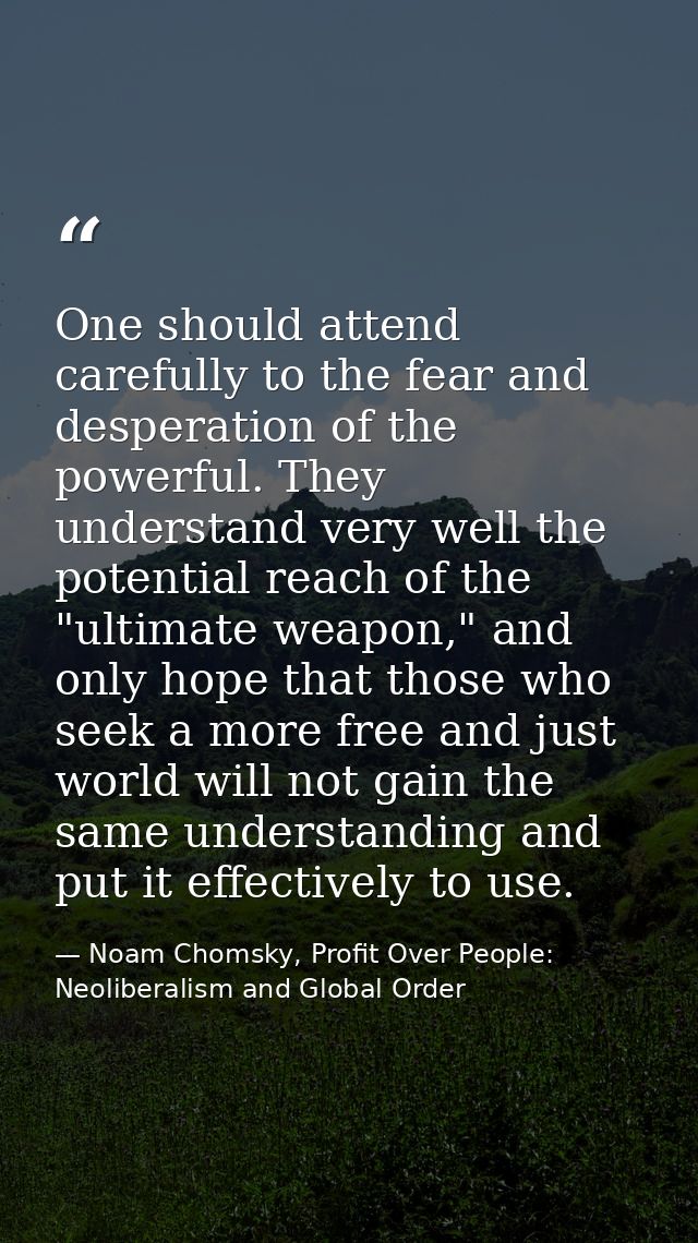 One should attend carefully to the fear and desperation of the powerful. They understand very well the potential reach o — Noam Chomsky, Profit Over People: Neoliberalism and Global Order