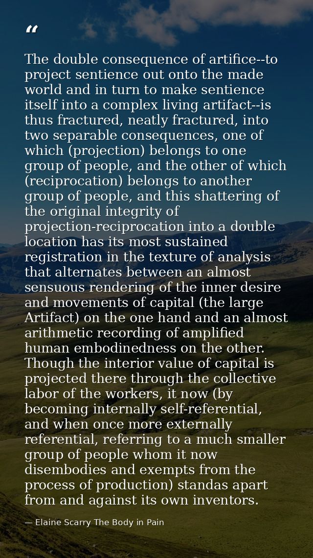 The double consequence of artifice--to project sentience out onto the made world and in turn to make sentience itself in — Elaine Scarry The Body in Pain