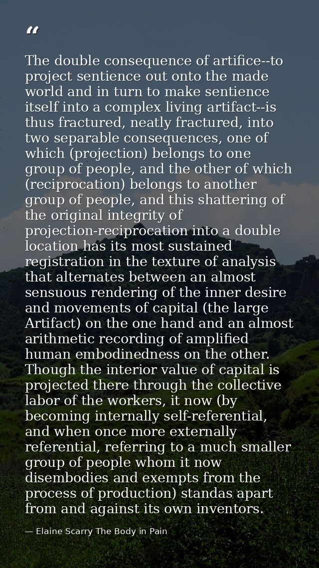 The double consequence of artifice--to project sentience out onto the made world and in turn to make sentience itself in — Elaine Scarry The Body in Pain