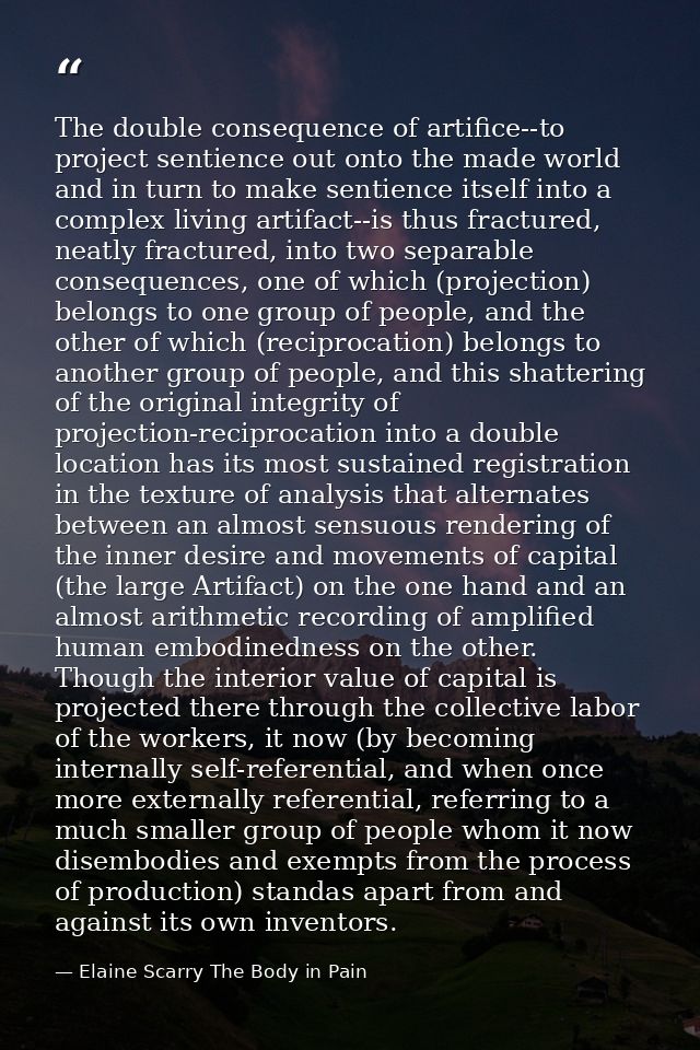 The double consequence of artifice--to project sentience out onto the made world and in turn to make sentience itself in — Elaine Scarry The Body in Pain