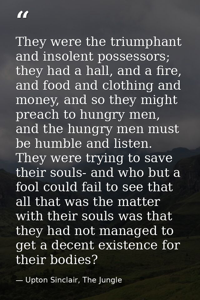 They were the triumphant and insolent possessors; they had a hall, and a fire, and food and clothing and money, and so t — Upton Sinclair, The Jungle
