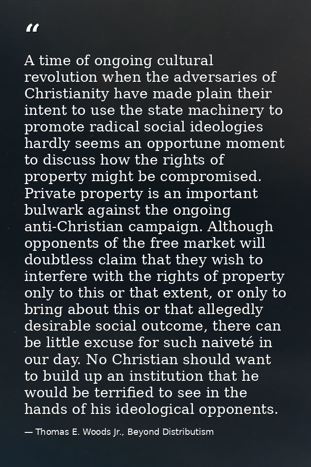 A time of ongoing cultural revolution when the adversaries of Christianity have made plain their intent to use the state — Thomas E. Woods Jr., Beyond Distributism