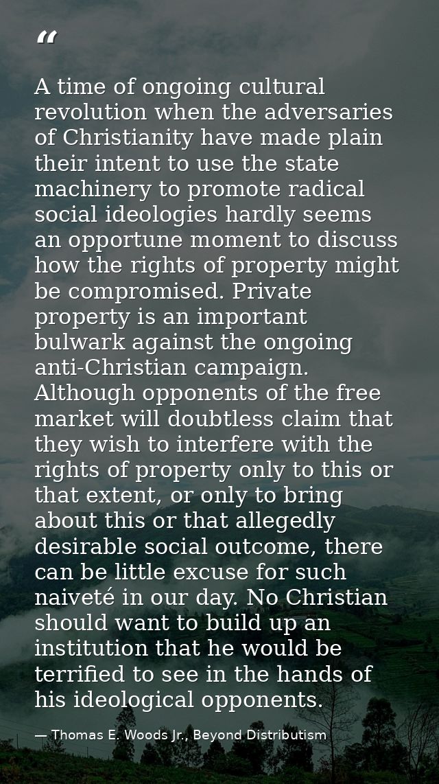 A time of ongoing cultural revolution when the adversaries of Christianity have made plain their intent to use the state — Thomas E. Woods Jr., Beyond Distributism