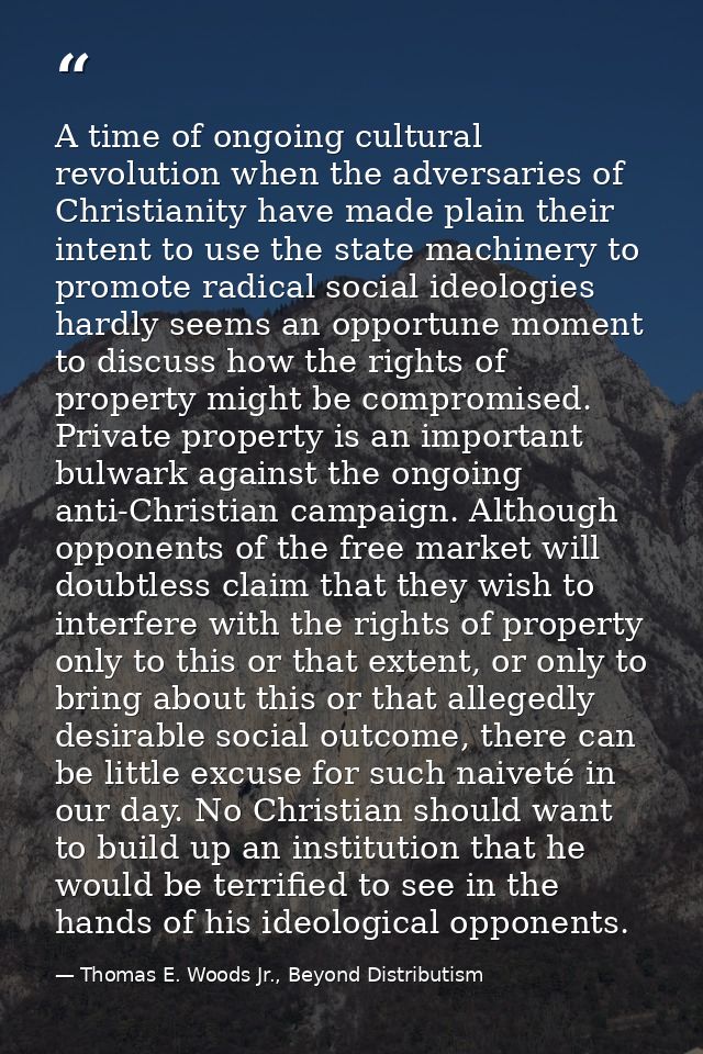 A time of ongoing cultural revolution when the adversaries of Christianity have made plain their intent to use the state — Thomas E. Woods Jr., Beyond Distributism