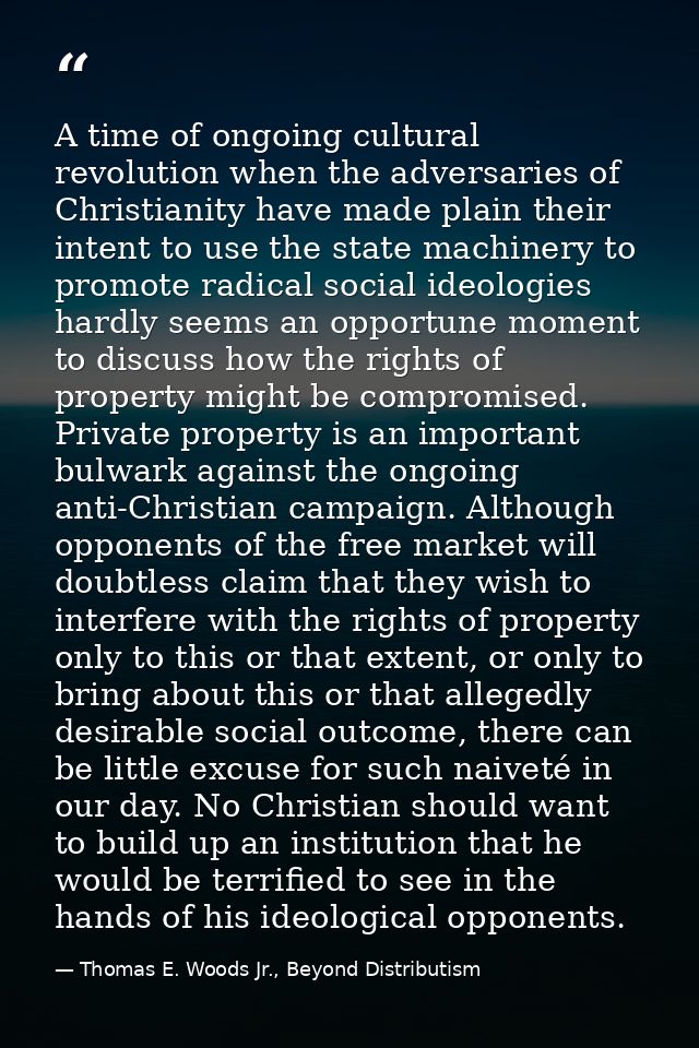 A time of ongoing cultural revolution when the adversaries of Christianity have made plain their intent to use the state — Thomas E. Woods Jr., Beyond Distributism