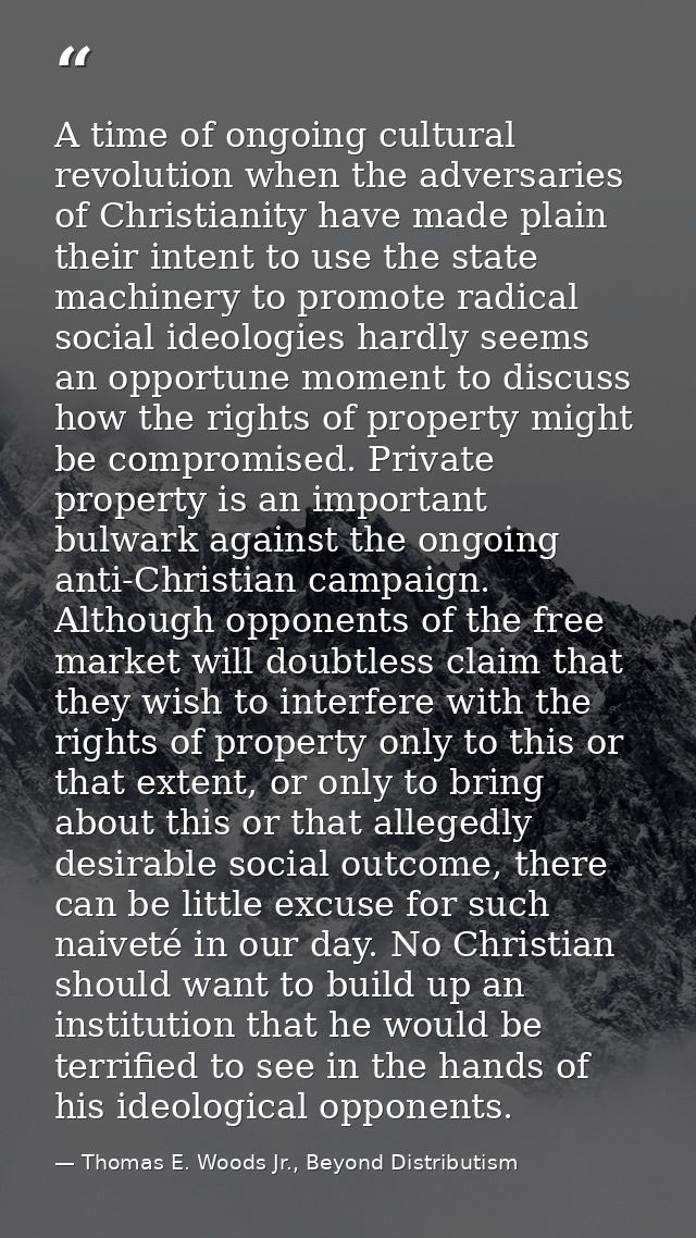 A time of ongoing cultural revolution when the adversaries of Christianity have made plain their intent to use the state — Thomas E. Woods Jr., Beyond Distributism