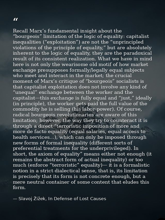 Recall Marx’s fundamental insight about the “bourgeois” limitation of the logic of equality: capitalist inequalities (“e — Slavoj Žižek, In Defense of Lost Causes