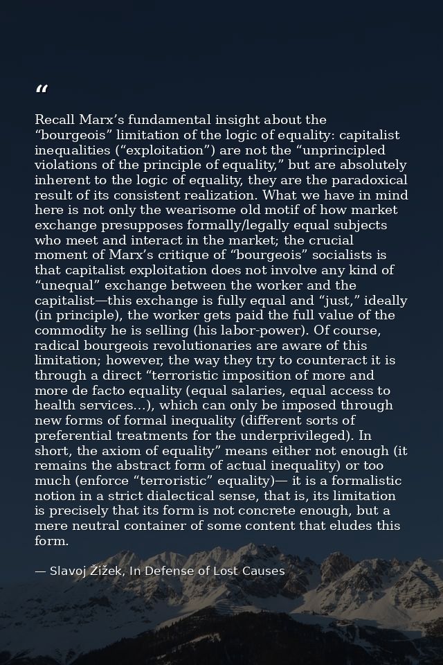 Recall Marx’s fundamental insight about the “bourgeois” limitation of the logic of equality: capitalist inequalities (“e — Slavoj Žižek, In Defense of Lost Causes