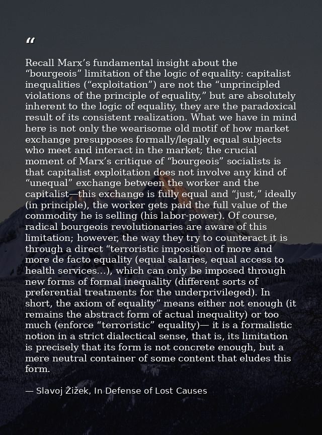 Recall Marx’s fundamental insight about the “bourgeois” limitation of the logic of equality: capitalist inequalities (“e — Slavoj Žižek, In Defense of Lost Causes