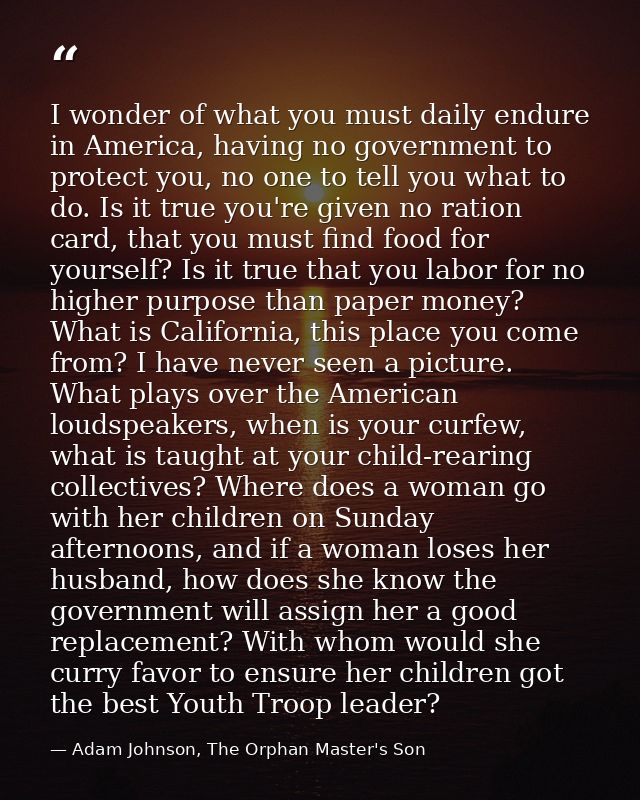 I wonder of what you must daily endure in America, having no government to protect you, no one to tell you what to do. I — Adam Johnson, The Orphan Master's Son
