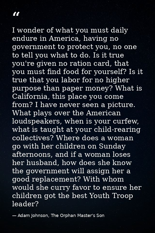I wonder of what you must daily endure in America, having no government to protect you, no one to tell you what to do. I — Adam Johnson, The Orphan Master's Son
