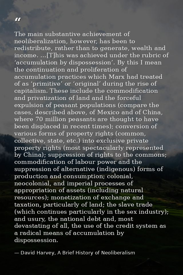 The main substantive achievement of neoliberalization, however, has been to redistribute, rather than to generate, wealt — David Harvey, A Brief History of Neoliberalism