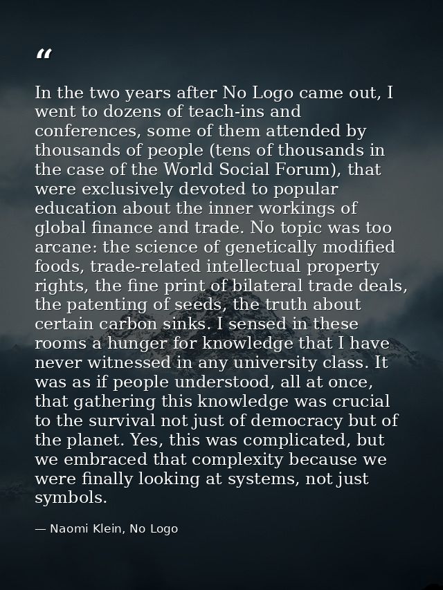 In the two years after No Logo came out, I went to dozens of teach-ins and conferences, some of them attended by thousan — Naomi Klein, No Logo