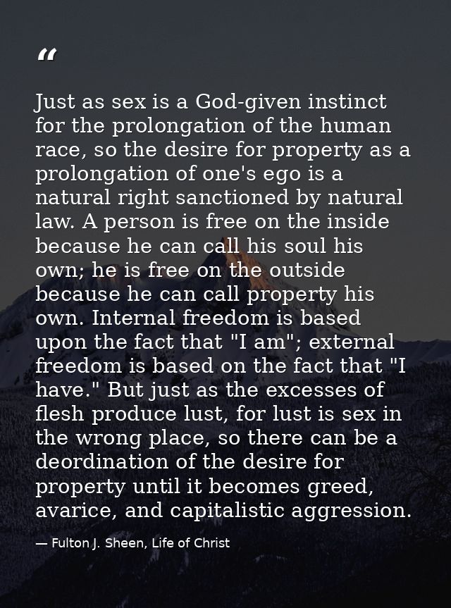 Just as sex is a God-given instinct for the prolongation of the human race, so the desire for property as a prolongation — Fulton J. Sheen, Life of Christ