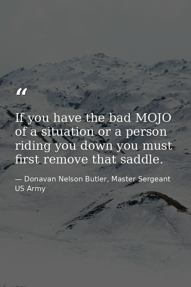If you have the bad MOJO of a situation or a person riding you down you must first remove that saddle. — Donavan Nelson Butler, Master Sergeant US Army