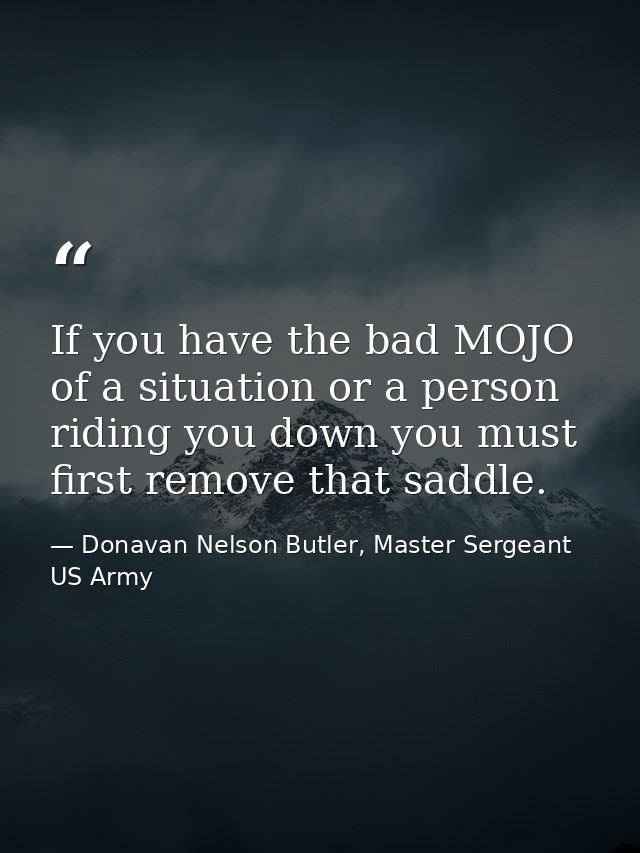 If you have the bad MOJO of a situation or a person riding you down you must first remove that saddle. — Donavan Nelson Butler, Master Sergeant US Army